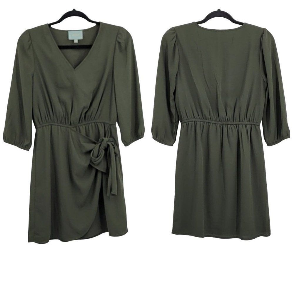 Skies Are Blue Mini Dress XS Army Green Faux Wrap Tie Waist‎ Puff Sleeve V-neck